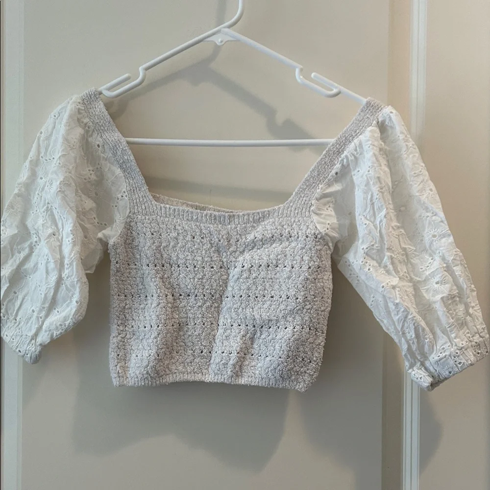 Zara Crochet Knit Cropped Top Square Neck w/ Puff Eyelet Sleeves elastic size S